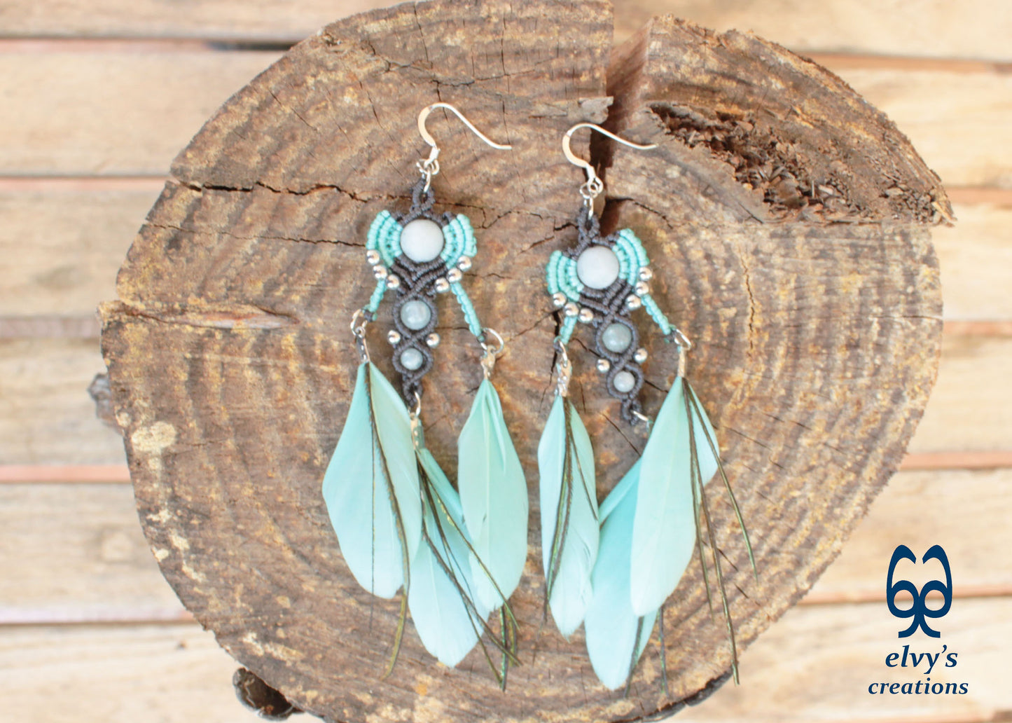 Gray Macrame Earrings with Aquamarine Gemstones, Handmade Silver Earrings with Turquoise Feathers