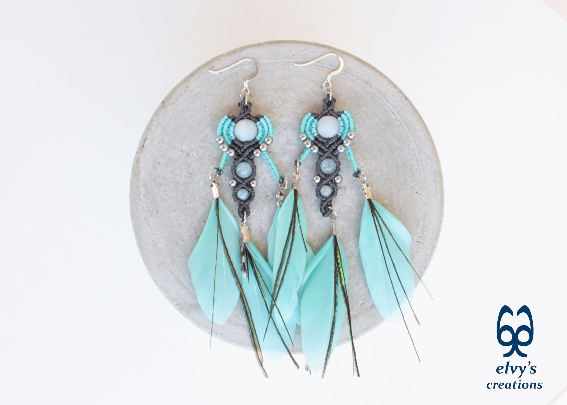 Gray Macrame Earrings with Aquamarine Gemstones, Handmade Silver Earrings with Turquoise Feathers