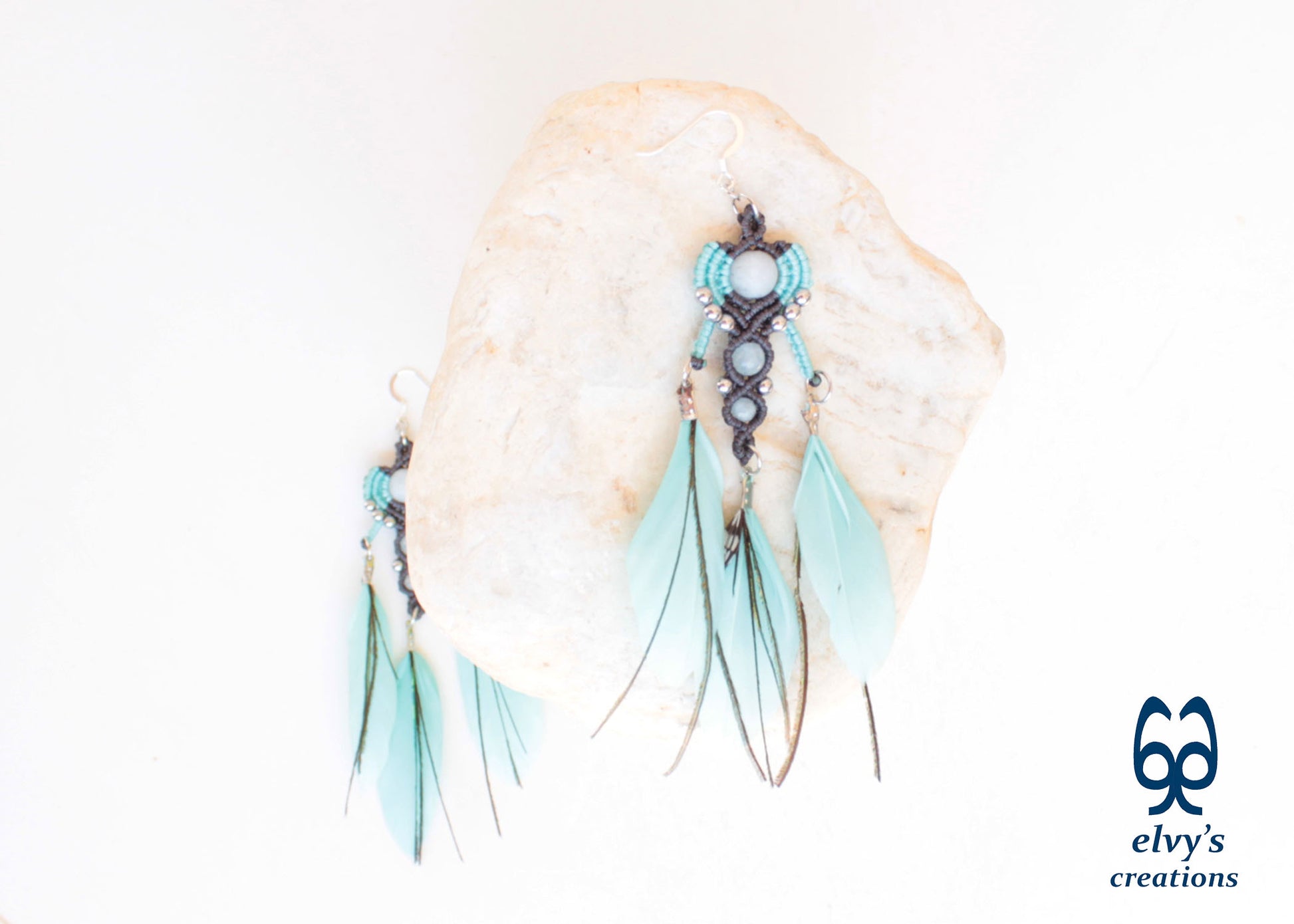 Gray Macrame Earrings with Aquamarine Gemstones, Handmade Silver Earrings with Turquoise Feathers