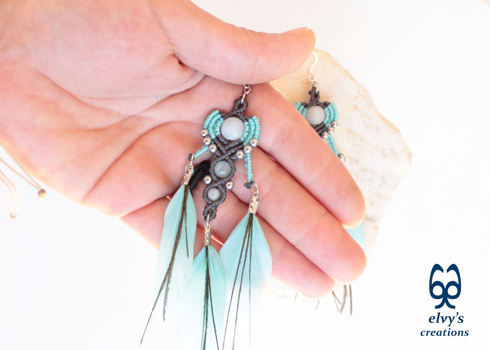 Gray Macrame Earrings with Aquamarine Gemstones, Handmade Silver Earrings with Turquoise Feathers