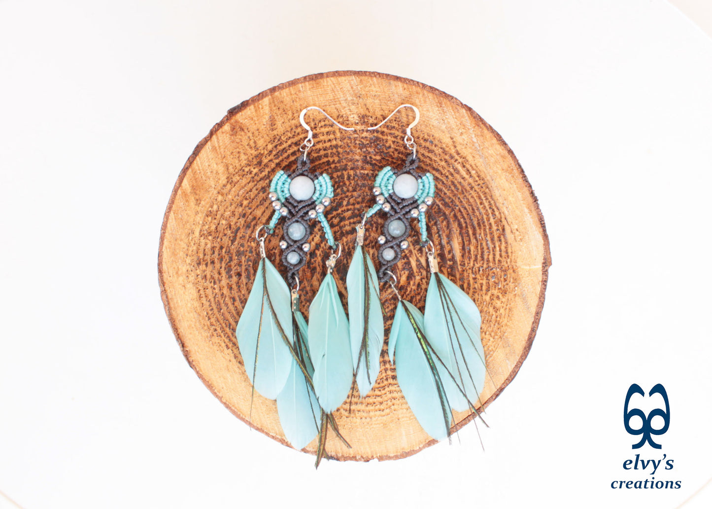 Gray Macrame Earrings with Aquamarine Gemstones, Handmade Silver Earrings with Turquoise Feathers