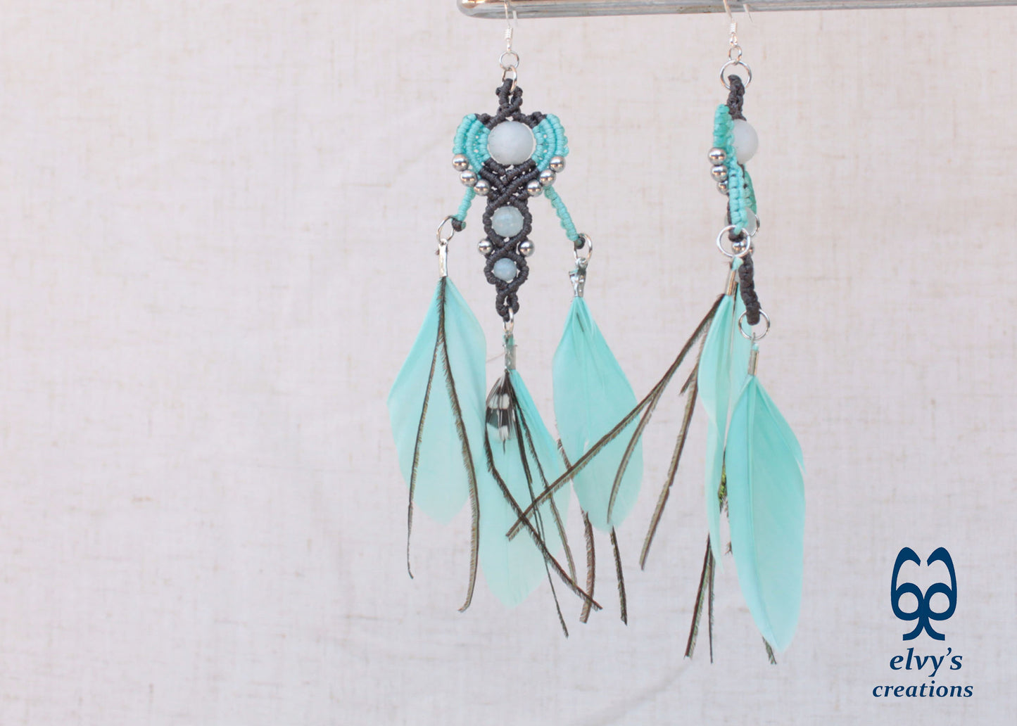 Gray Macrame Earrings with Aquamarine Gemstones, Handmade Silver Earrings with Turquoise Feathers