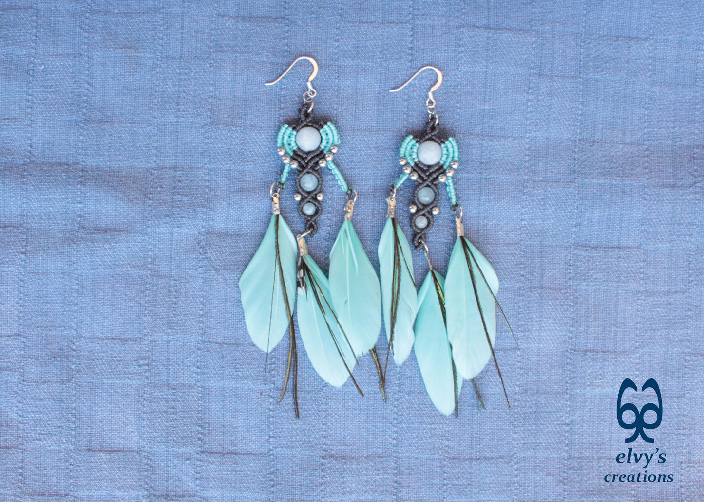 Gray Macrame Earrings with Aquamarine Gemstones, Handmade Silver Earrings with Turquoise Feathers