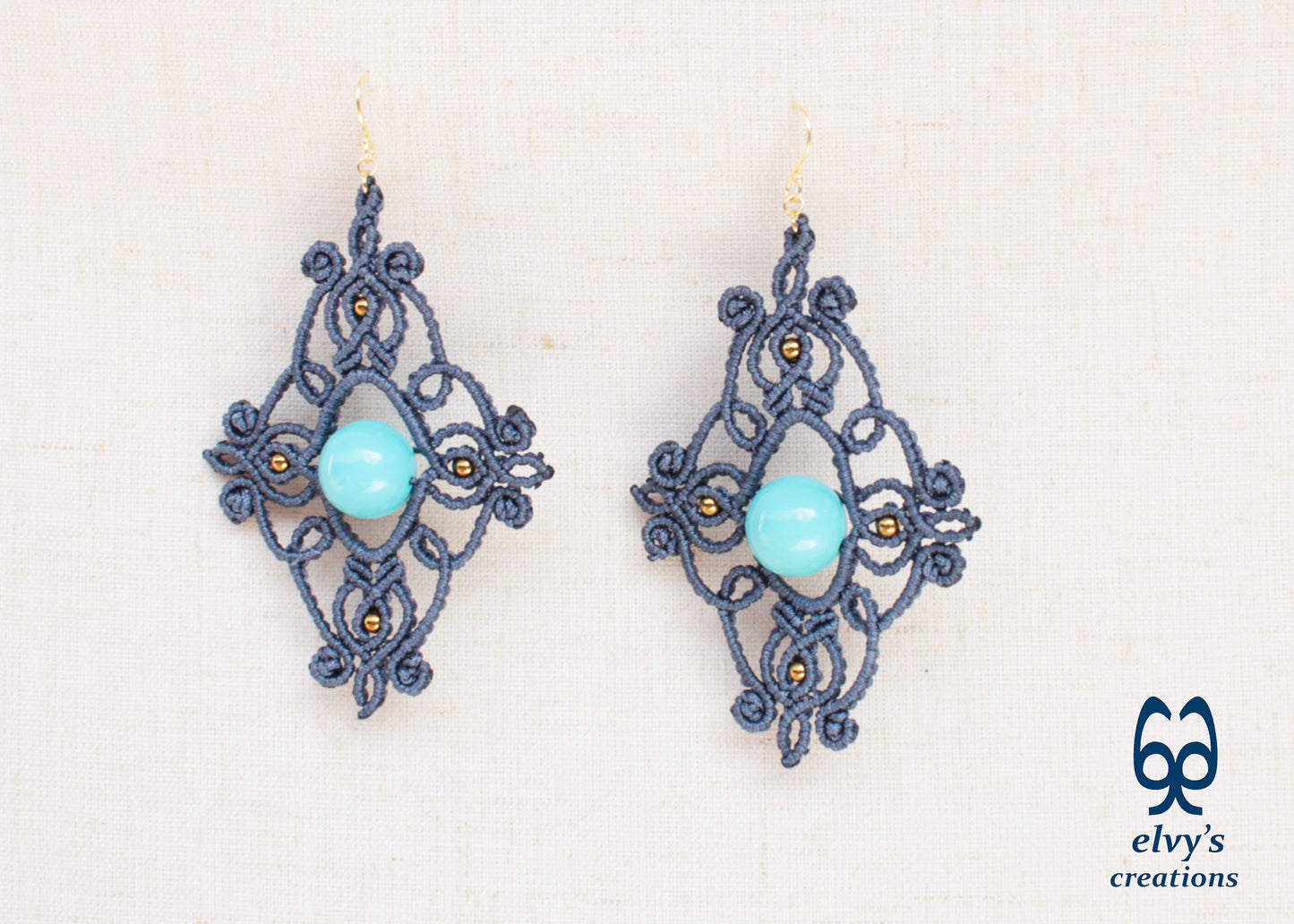 Grey Macrame Earrings with Turquoise Gemstones Dangle Gold Hematite Earrings