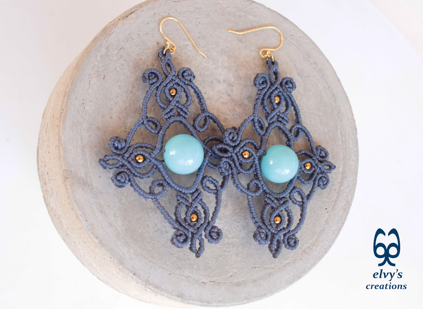 Grey Macrame Earrings with Turquoise Gemstones Dangle Gold Hematite Earrings