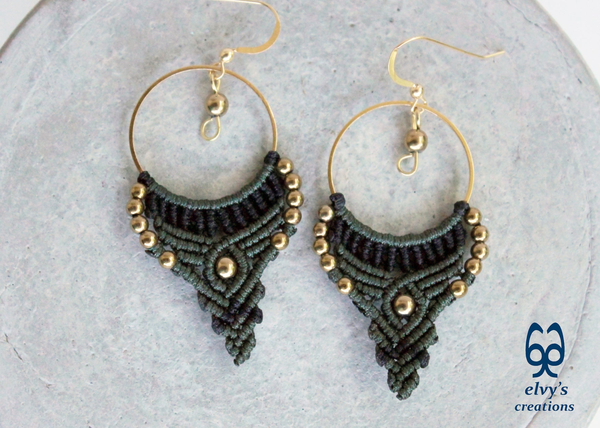 Green and Black Macrame Earrings Gold Hematite Gemstones Hoop Earrings