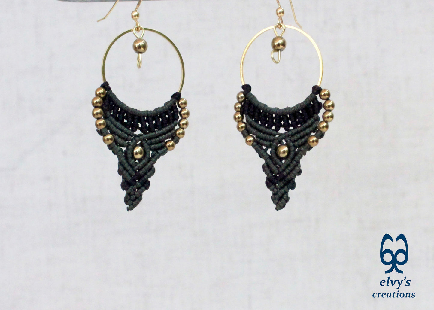 Green and Black Macrame Earrings Gold Hematite Gemstones Hoop Earrings