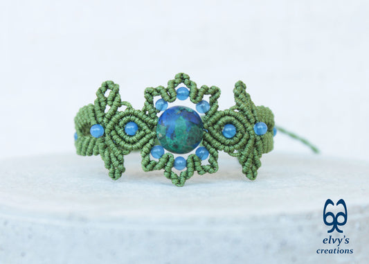 Handmade Green Macrame Bracelet with Azurite Adjustable Boho Cuff 