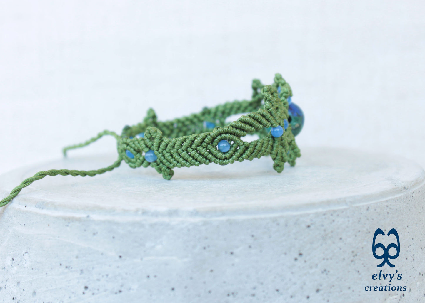 Handmade Green Macrame Bracelet with Azurite Adjustable Boho Cuff 