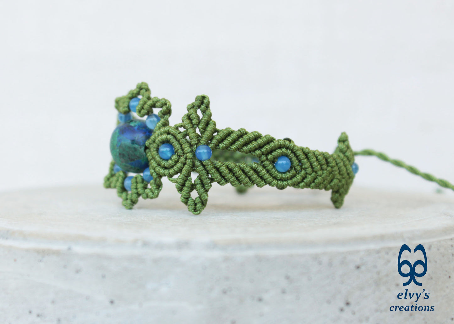 Handmade Green Macrame Bracelet with Azurite Adjustable Boho Cuff 