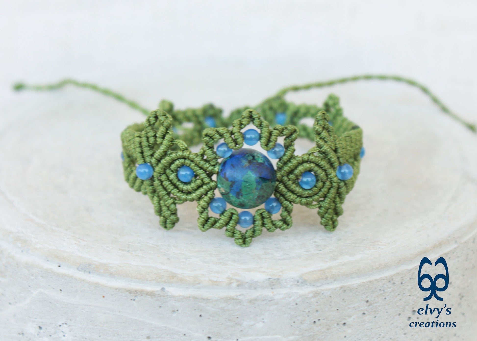 Handmade Green Macrame Bracelet with Azurite Adjustable Boho Cuff 