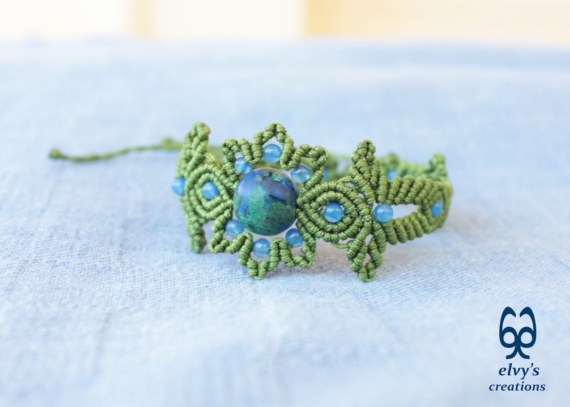 Handmade Green Macrame Bracelet with Azurite Adjustable Boho Cuff 