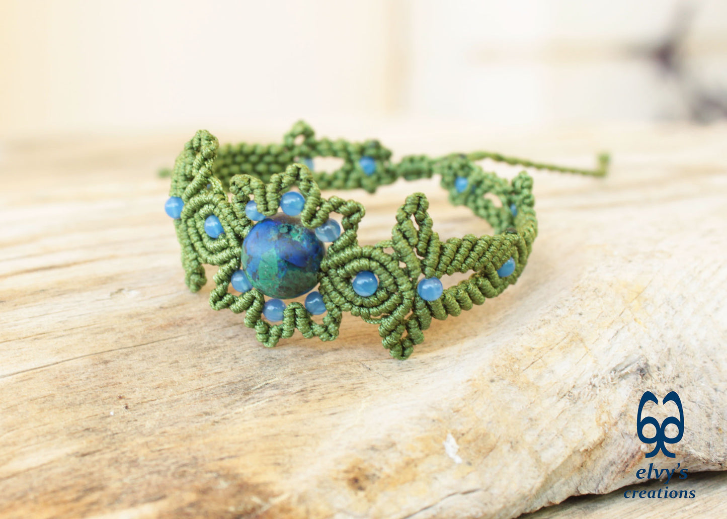 Handmade Green Macrame Bracelet with Azurite Adjustable Boho Cuff 