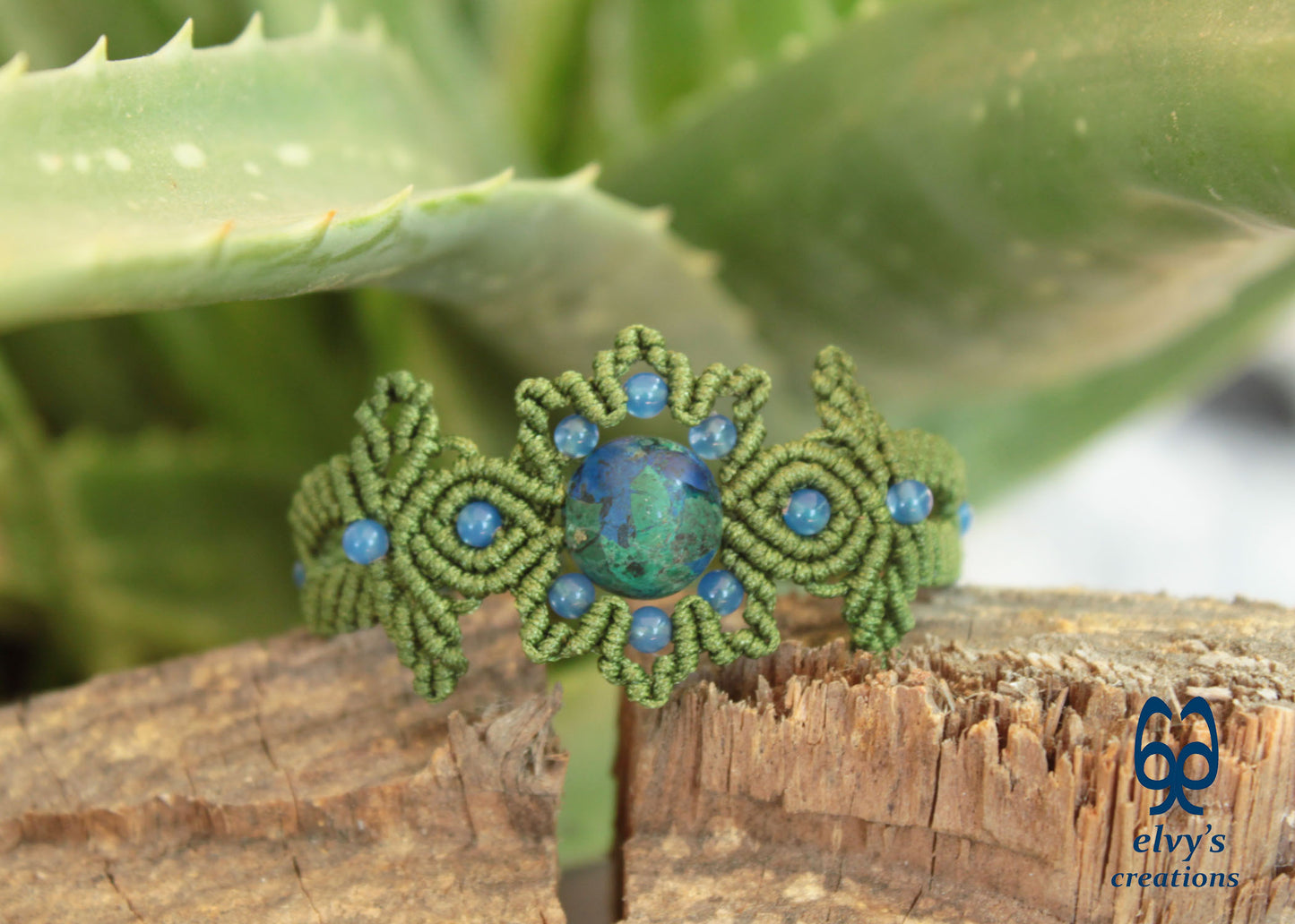 Handmade Green Macrame Bracelet with Azurite Adjustable Boho Cuff 