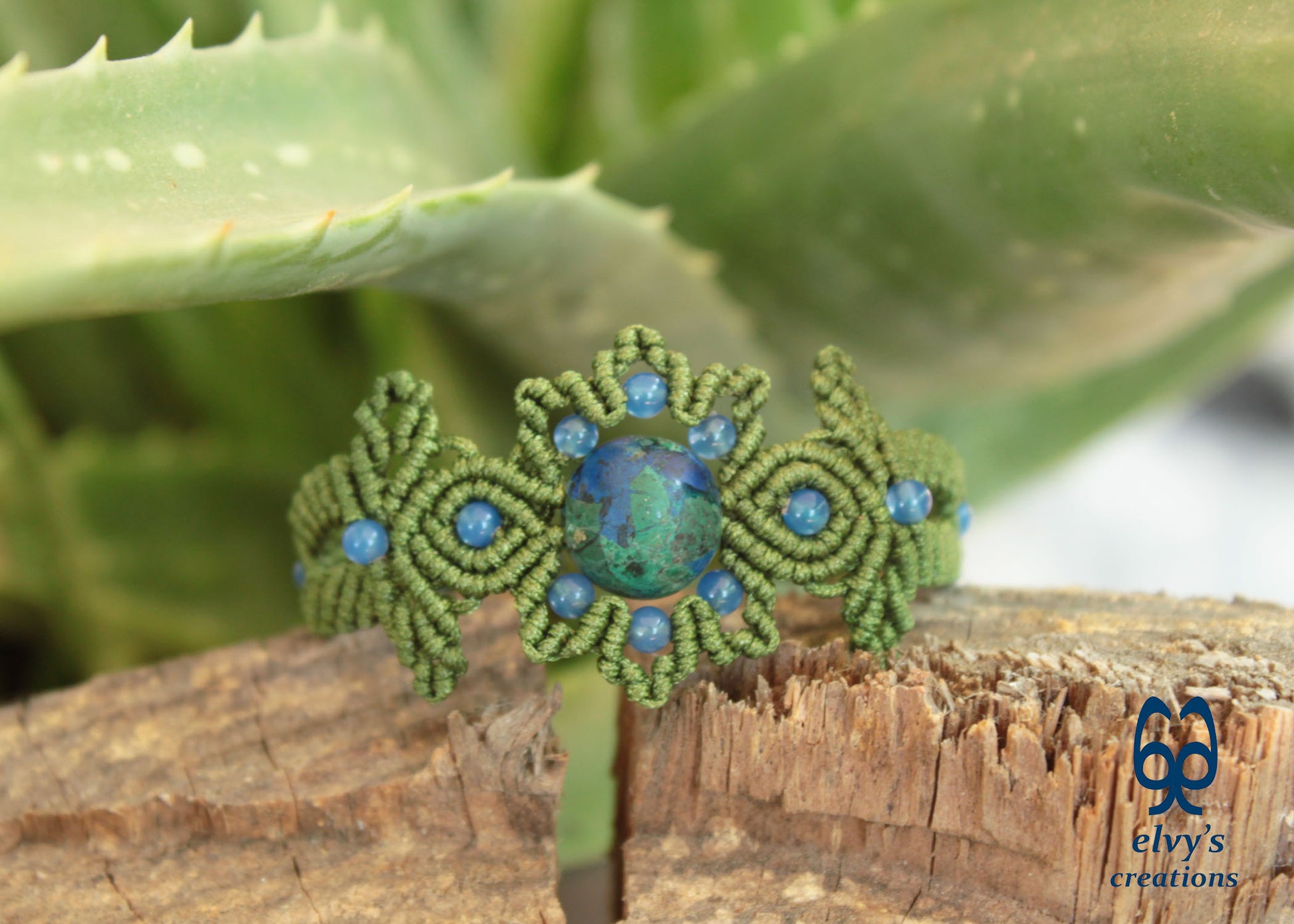 Handmade Green Macrame Bracelet with Azurite Adjustable Boho Cuff 