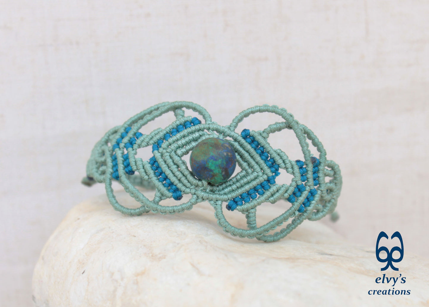 Green Macrame Bracelet with Blue Azurite Gemstone Boho Macrame Adjustable Bracelet