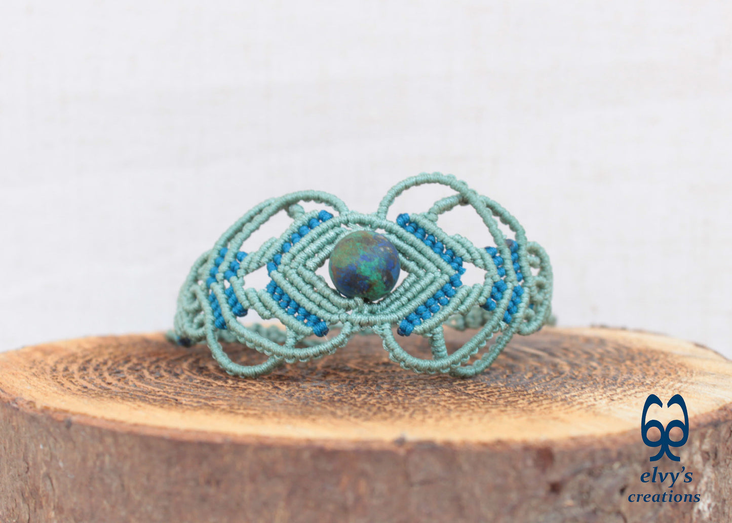 Green Macrame Bracelet with Blue Azurite Gemstone Boho Macrame Adjustable Bracelet