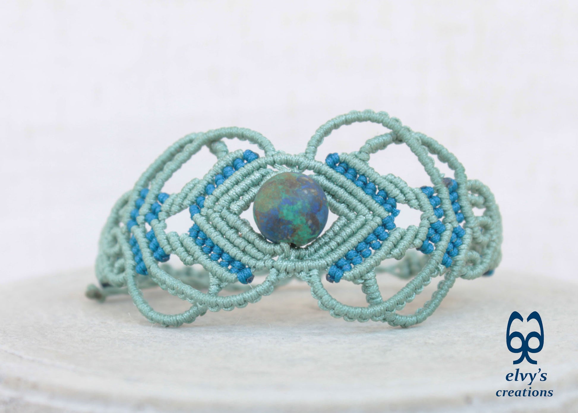 Green Macrame Bracelet with Blue Azurite Gemstone Boho Macrame Adjustable Bracelet