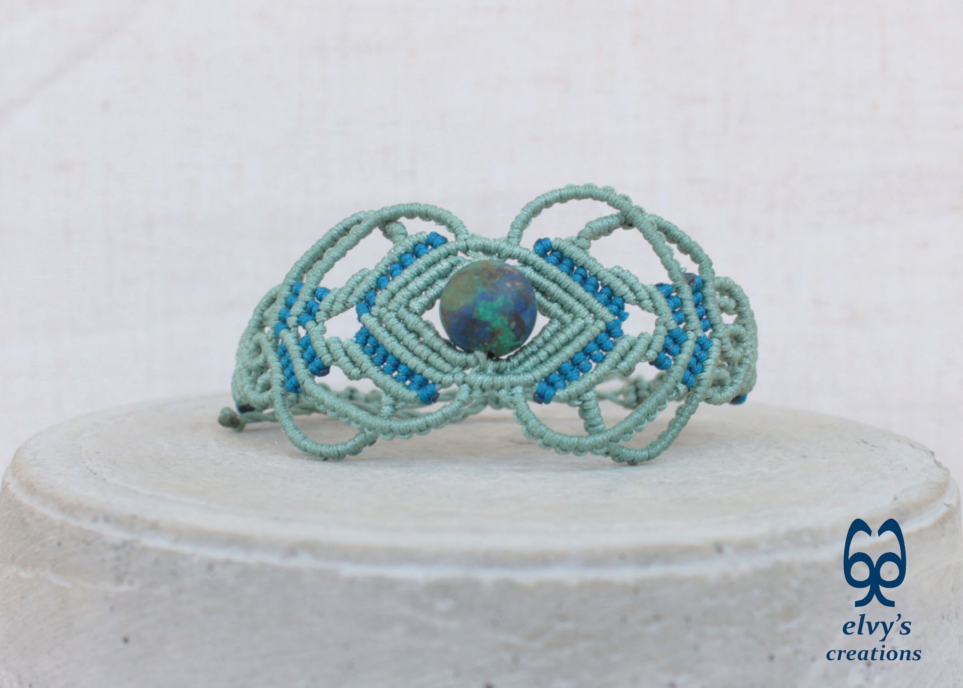 Green Macrame Bracelet with Blue Azurite Gemstone Boho Macrame Adjustable Bracelet