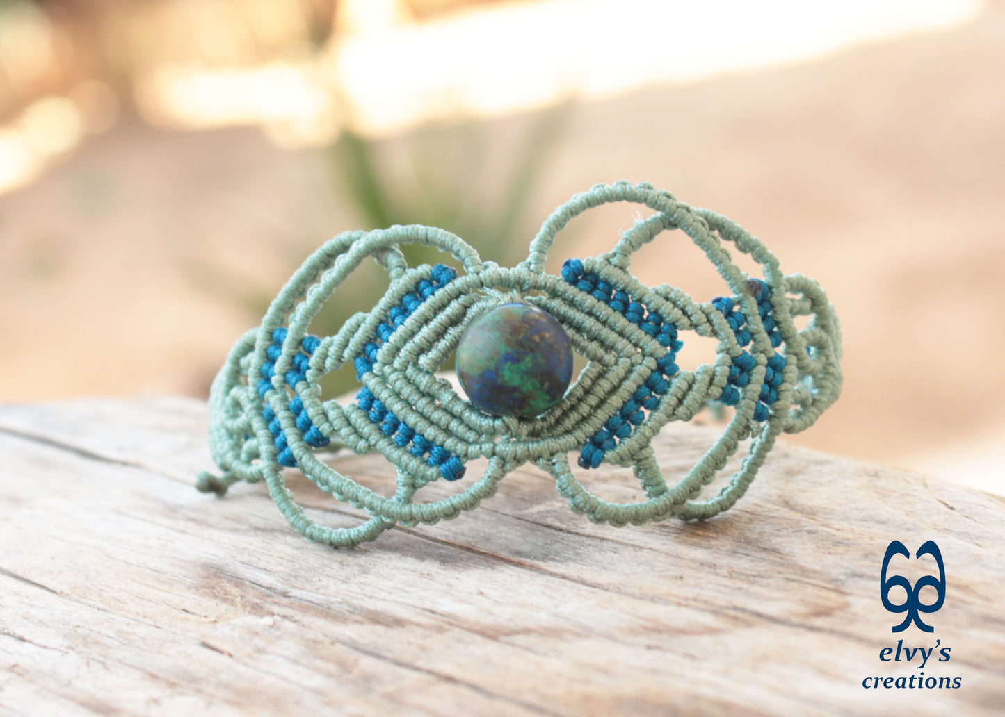 Green Macrame Bracelet with Blue Azurite Gemstone Boho Macrame Adjustable Bracelet