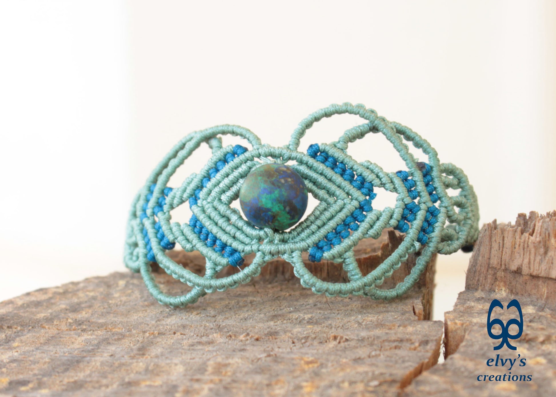 Green Macrame Bracelet with Blue Azurite Gemstone Boho Macrame Adjustable Bracelet