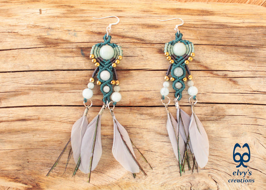 Gray Macrame Earrings with Aquamarine Gemstones, Handmade Silver Earrings with Turquoise Feathers