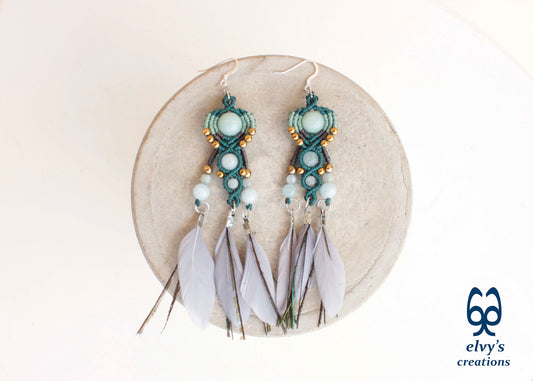 Gray Macrame Earrings with Aquamarine Gemstones, Handmade Silver Earrings with Turquoise Feathers