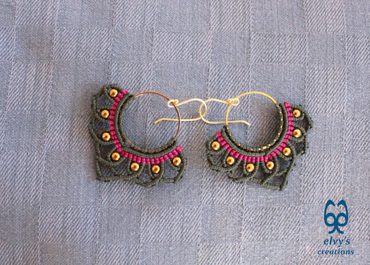 Green Macrame Earrings with Hematite Gemstones Lotus Gold Hoop Earrings