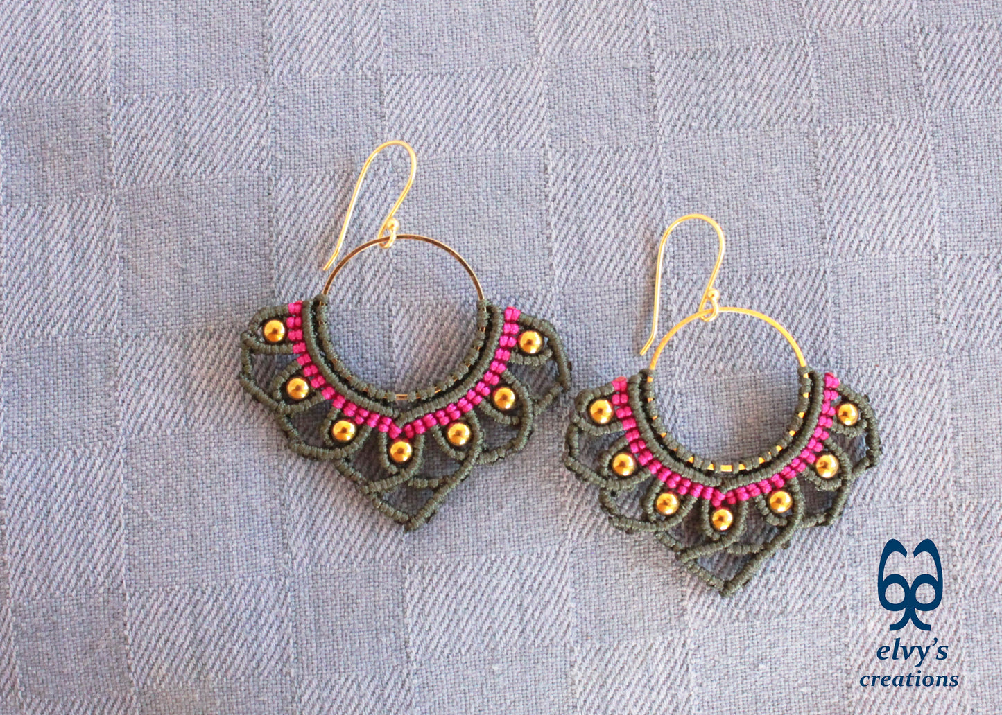 Green Macrame Earrings with Hematite Gemstones Lotus Gold Hoop Earrings