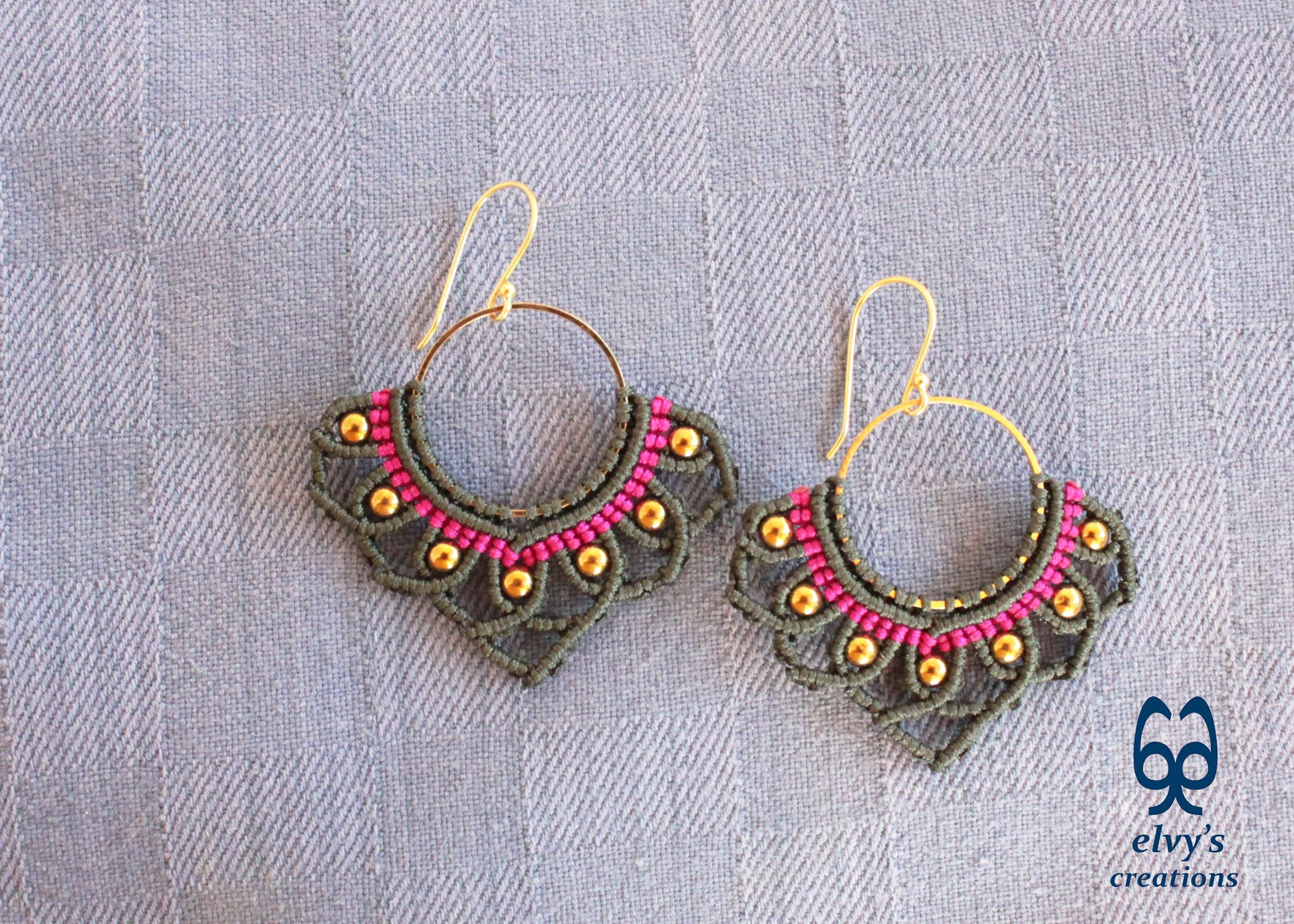 Green Macrame Earrings with Hematite Gemstones Lotus Gold Hoop Earrings