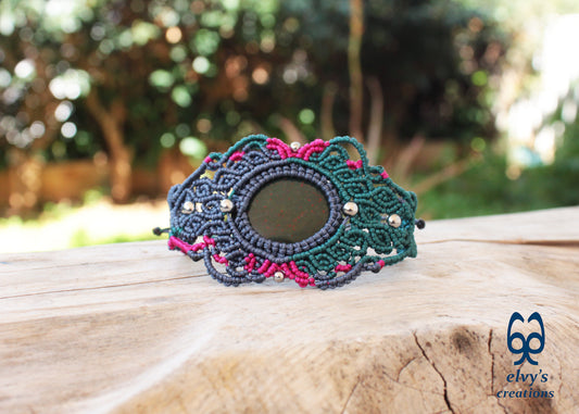 Green Macrame Bracelet Pink Bracelet with Bloodstone Grey Adjustable Cuff