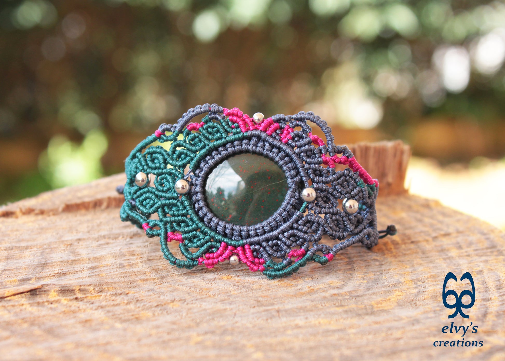 Green Macrame Bracelet Pink Bracelet with Bloodstone Grey Adjustable Cuff