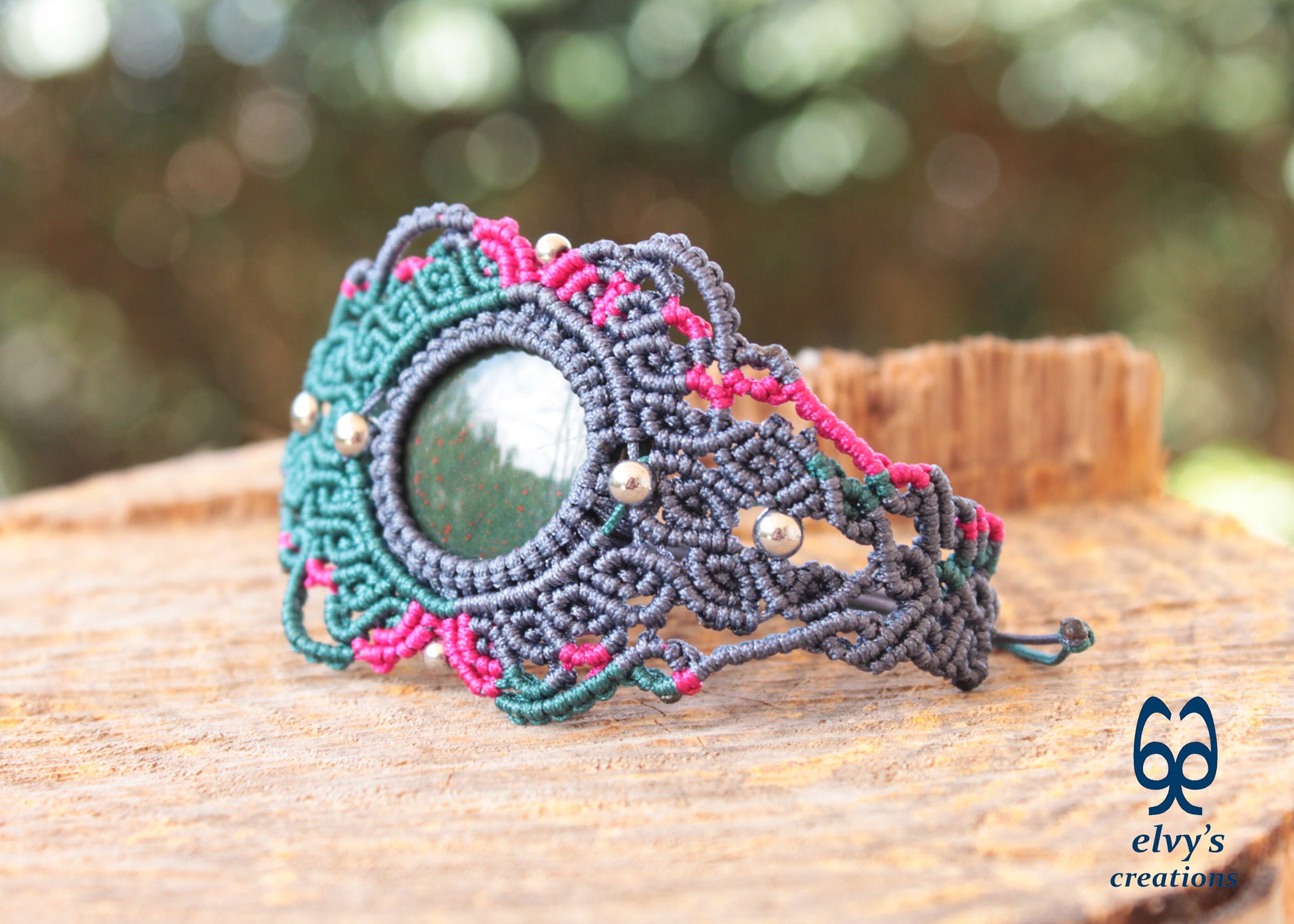 Green Macrame Bracelet Pink Bracelet with Bloodstone Grey Adjustable Cuff