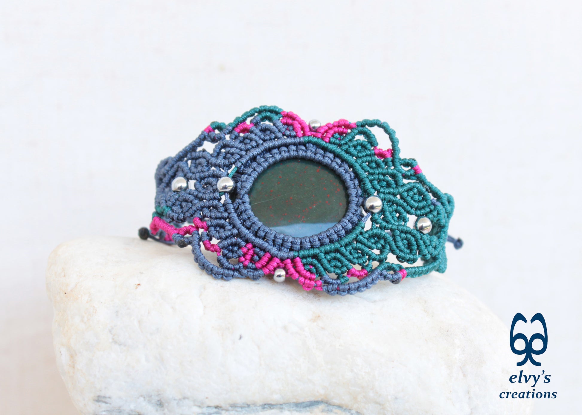 Green Macrame Bracelet Pink Bracelet with Bloodstone Grey Adjustable Cuff