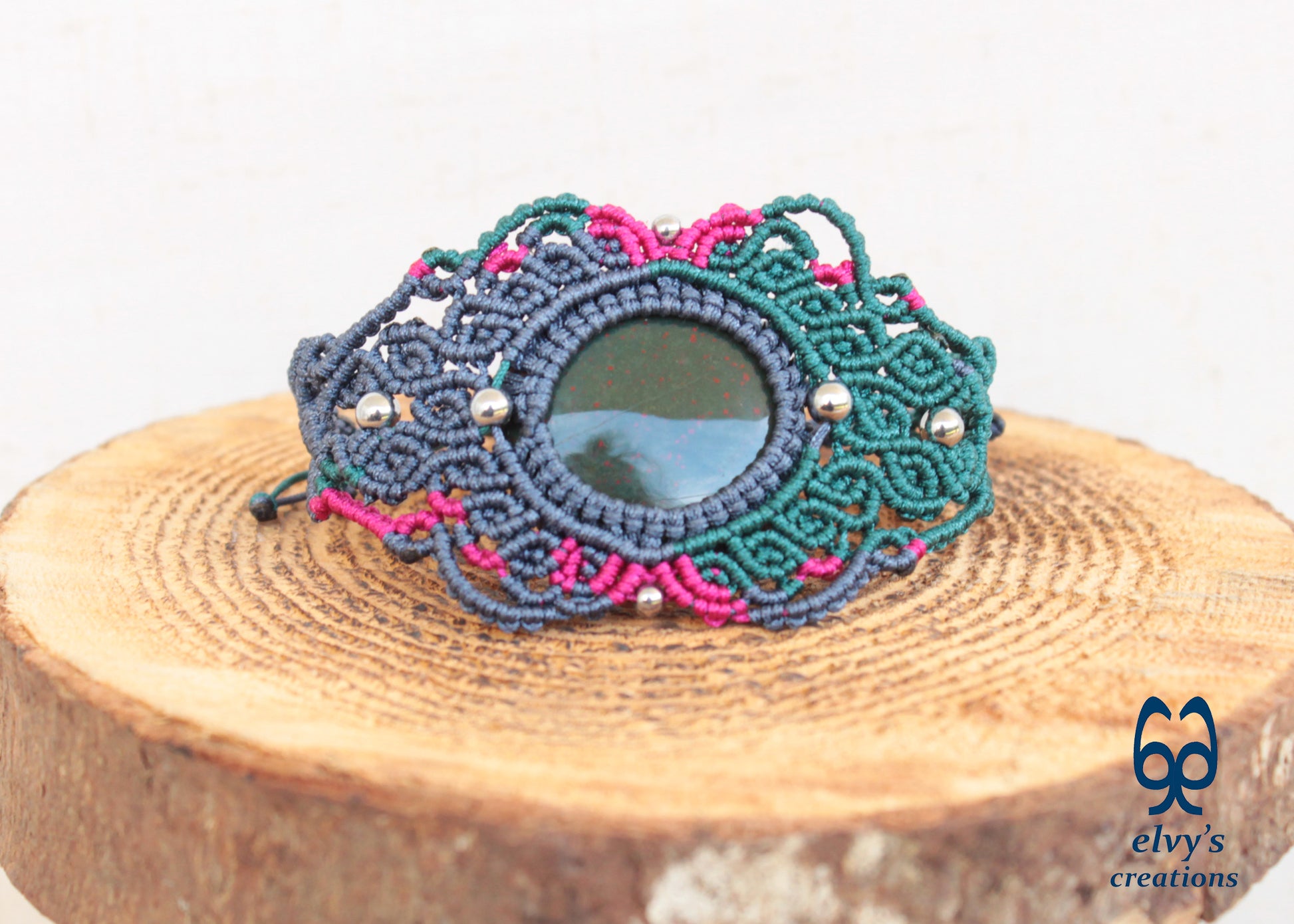 Green Macrame Bracelet Pink Bracelet with Bloodstone Grey Adjustable Cuff