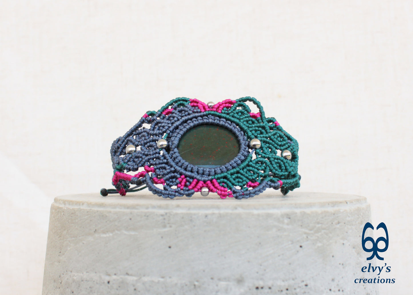 Green Macrame Bracelet Pink Bracelet with Bloodstone Grey Adjustable Cuff