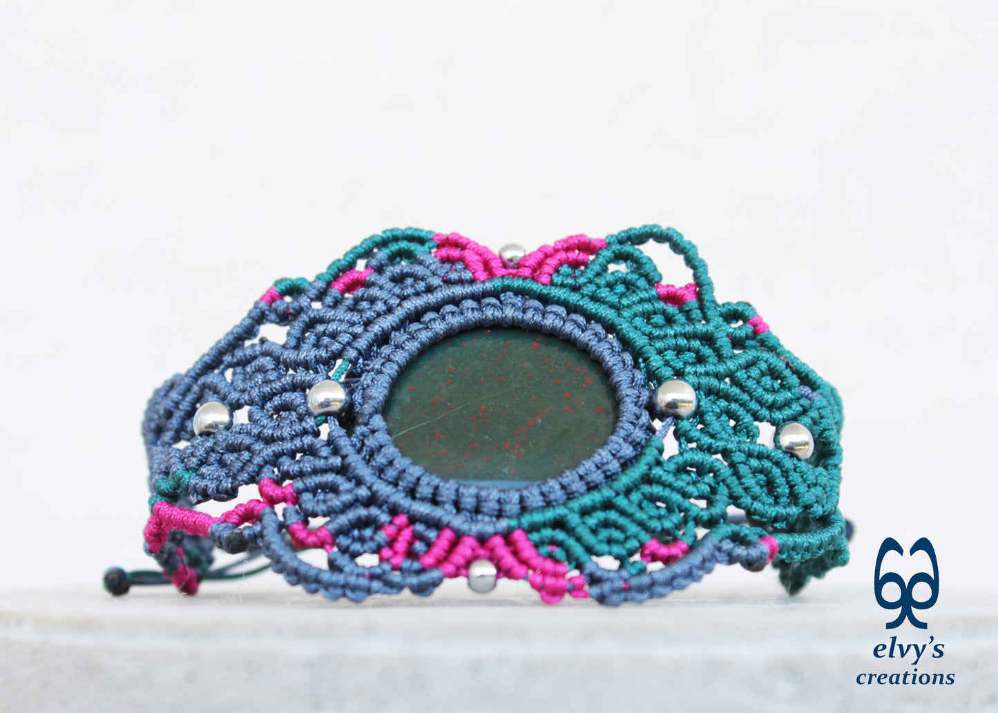 Green Macrame Bracelet Pink Bracelet with Bloodstone Grey Adjustable Cuff