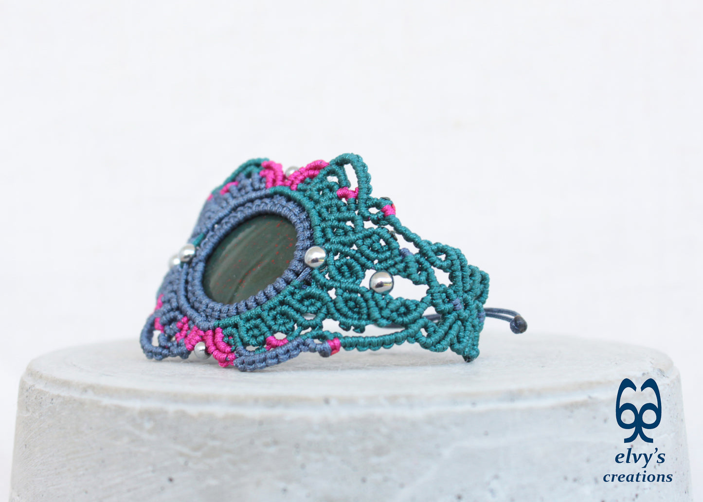 Green Macrame Bracelet Pink Bracelet with Bloodstone Grey Adjustable Cuff