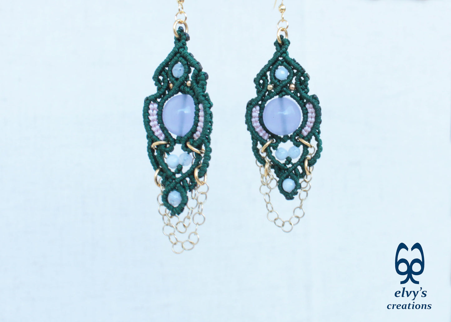 Handmade Green Macrame Silver Earrings with Chalcedony Gemstones Dangle