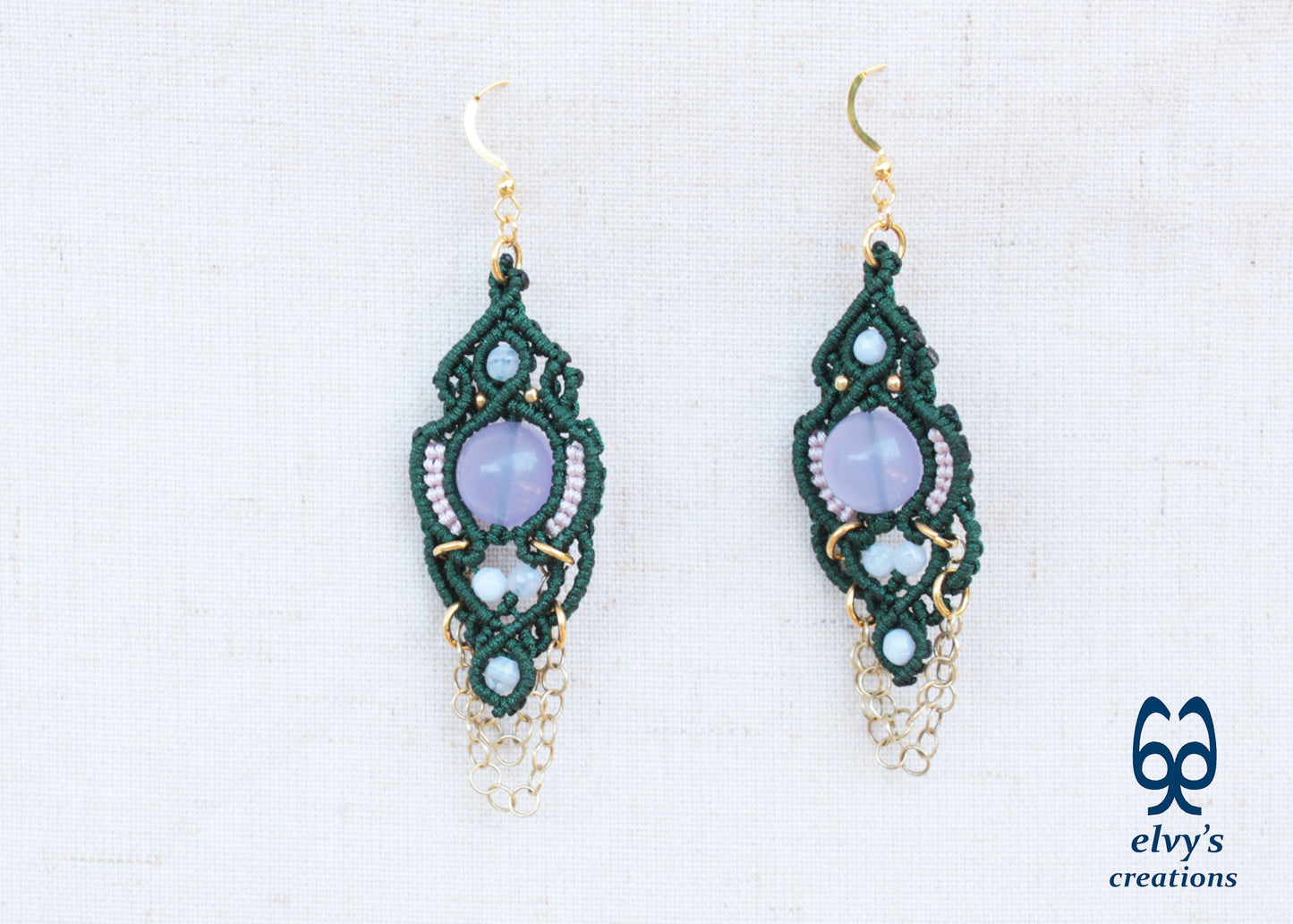 Handmade Green Macrame Silver Earrings with Chalcedony Gemstones Dangle