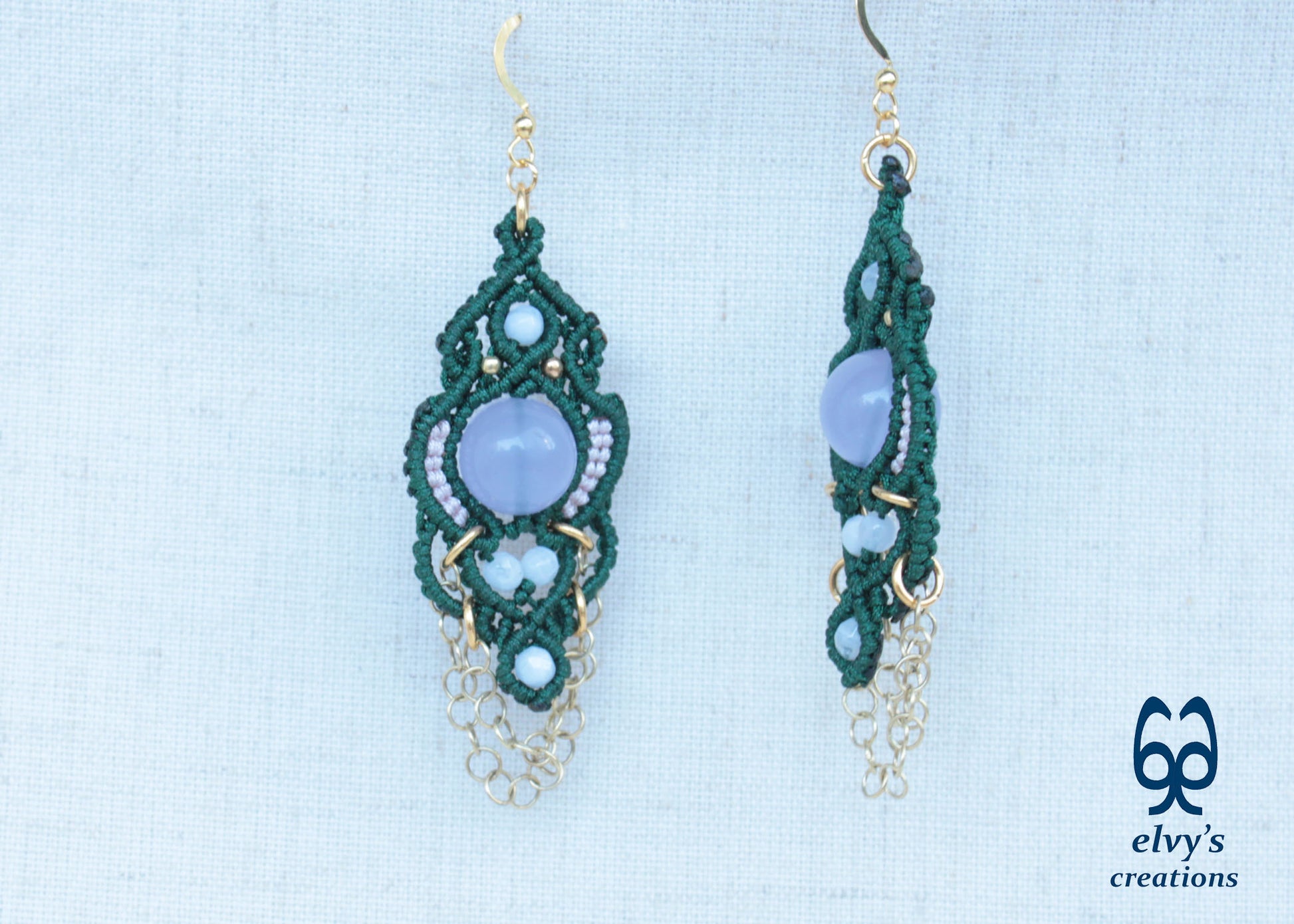 Handmade Green Macrame Silver Earrings with Chalcedony Gemstones Dangle