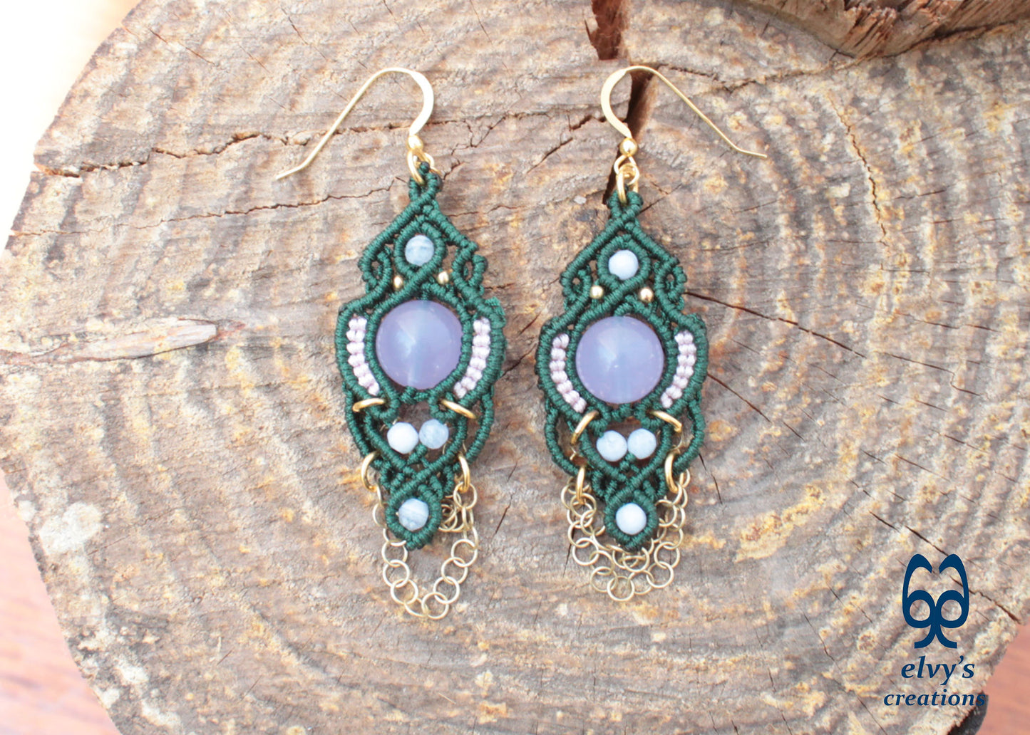 Handmade Green Macrame Silver Earrings with Chalcedony Gemstones Dangle