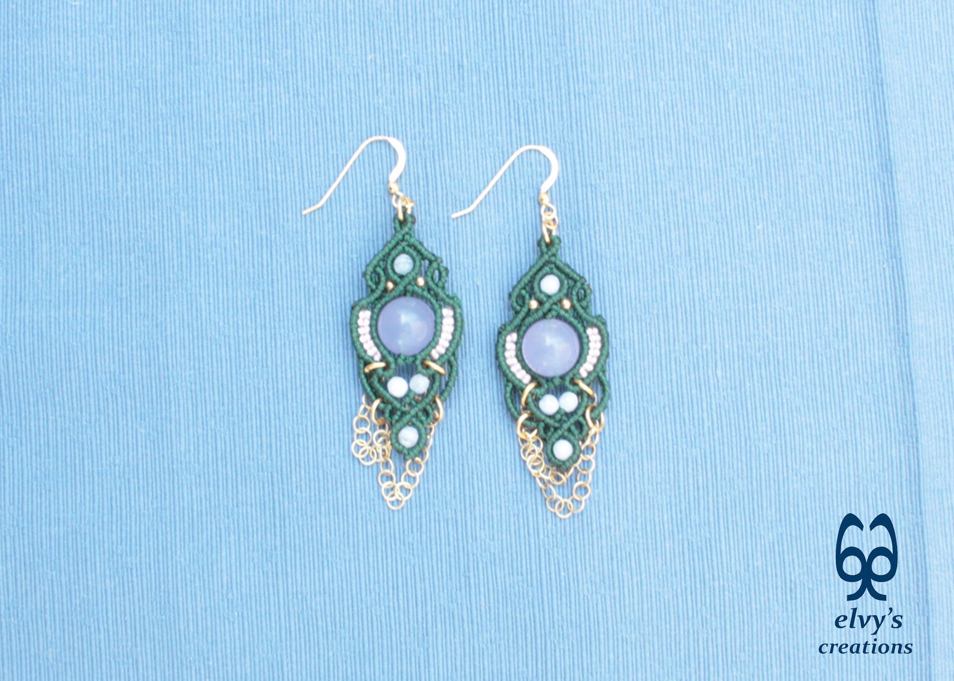 Handmade Green Macrame Silver Earrings with Chalcedony Gemstones Dangle