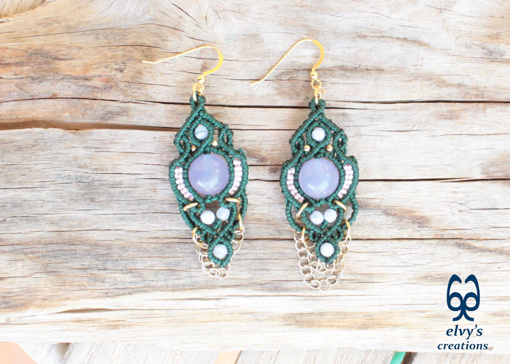 Handmade Green Macrame Silver Earrings with Chalcedony Gemstones Dangle