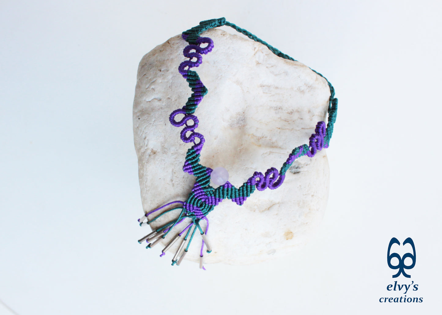 Handmade Purple Macrame Necklace Adjustable Silver Choker with Beryl