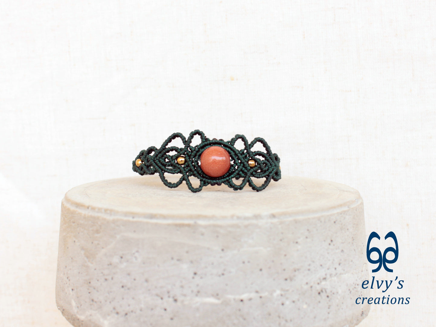 Handmade Green Macrame Bracelet with Sandstone Gemstone Adjustable Cuff