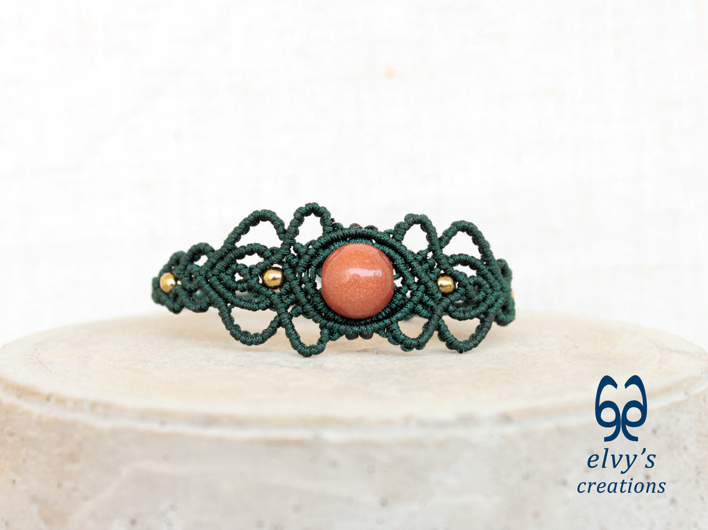 Handmade Green Macrame Bracelet with Sandstone Gemstone Adjustable Cuff