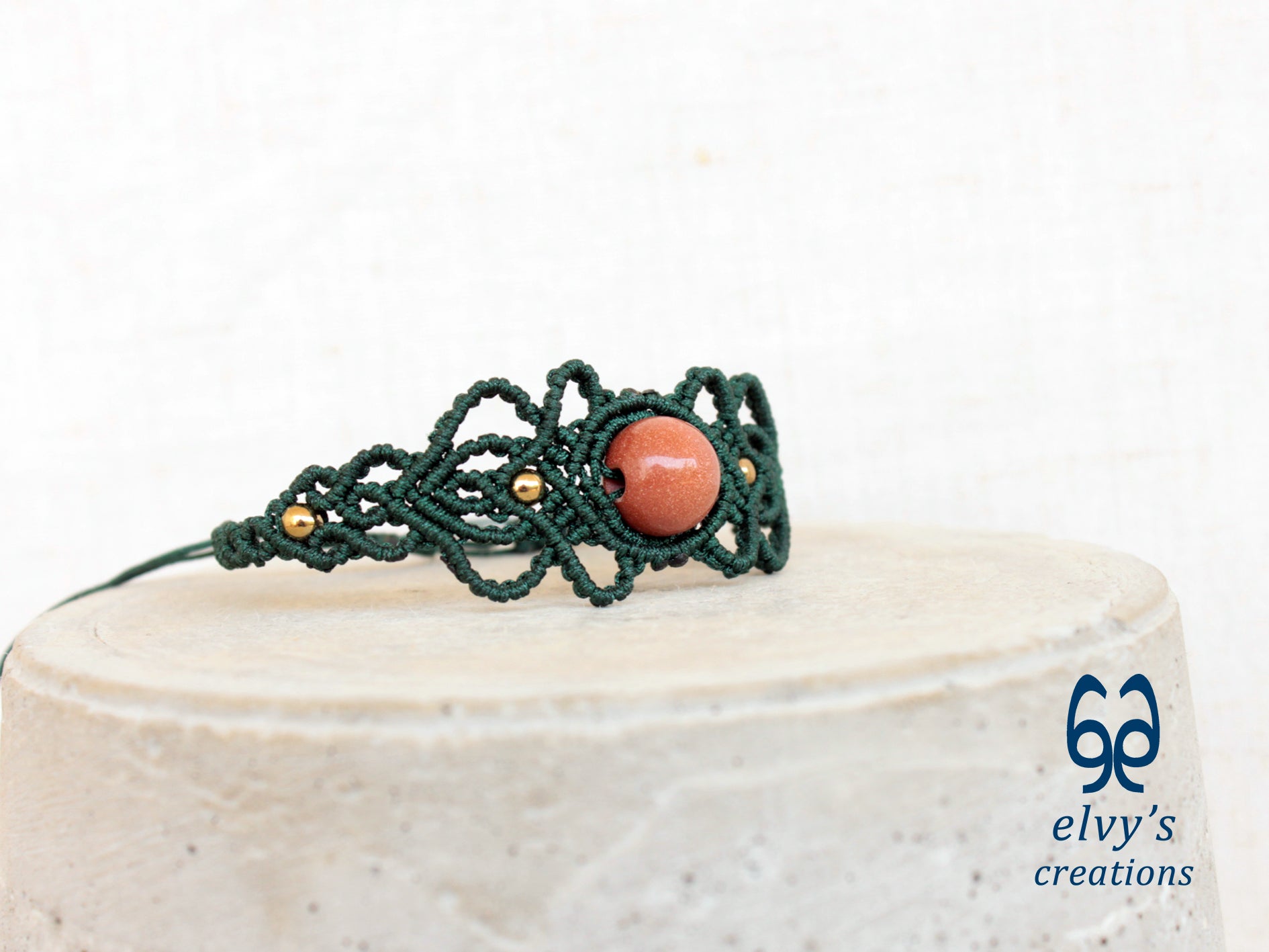 Handmade Green Macrame Bracelet with Sandstone Gemstone Adjustable Cuff