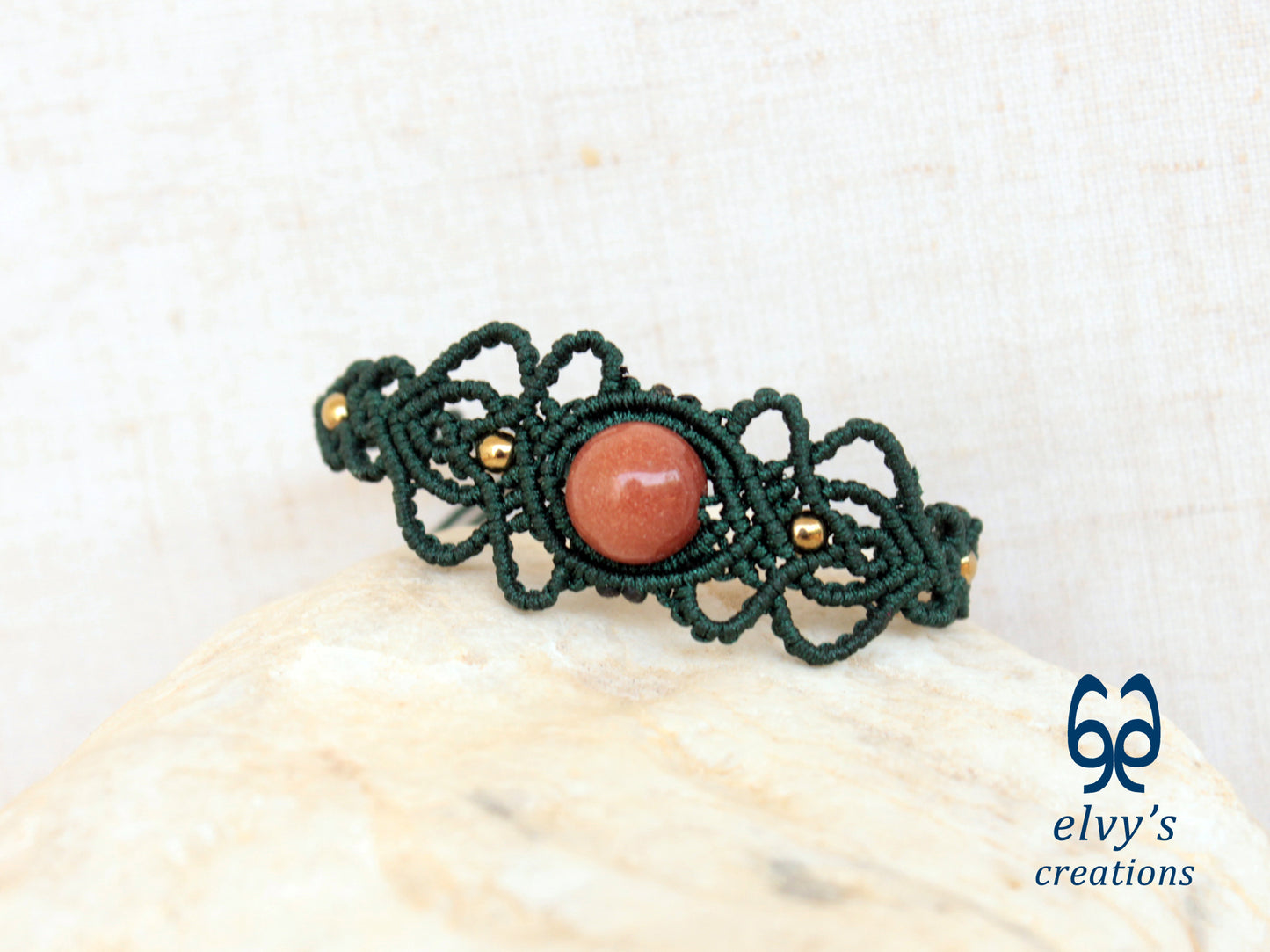 Handmade Green Macrame Bracelet with Sandstone Gemstone Adjustable Cuff