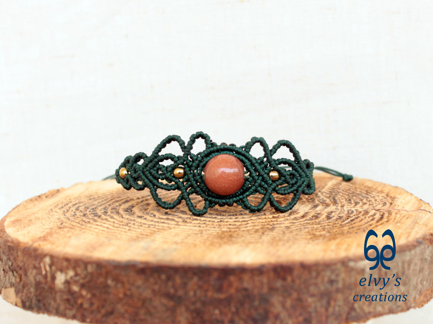 Handmade Green Macrame Bracelet with Sandstone Gemstone Adjustable Cuff